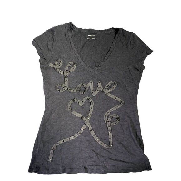Express Black V-Neck LOVE T-shirt Women's Size Medium - Picture 1 of 4